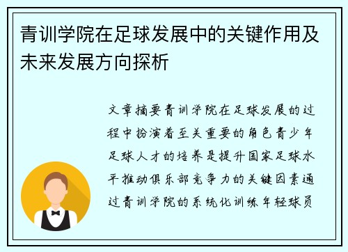 青训学院在足球发展中的关键作用及未来发展方向探析